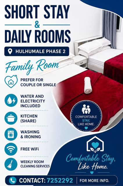 MONTHLY, SHORT STAY, DAILY ROOMS HULHUMALE PHASE 2 — Hulhumalé