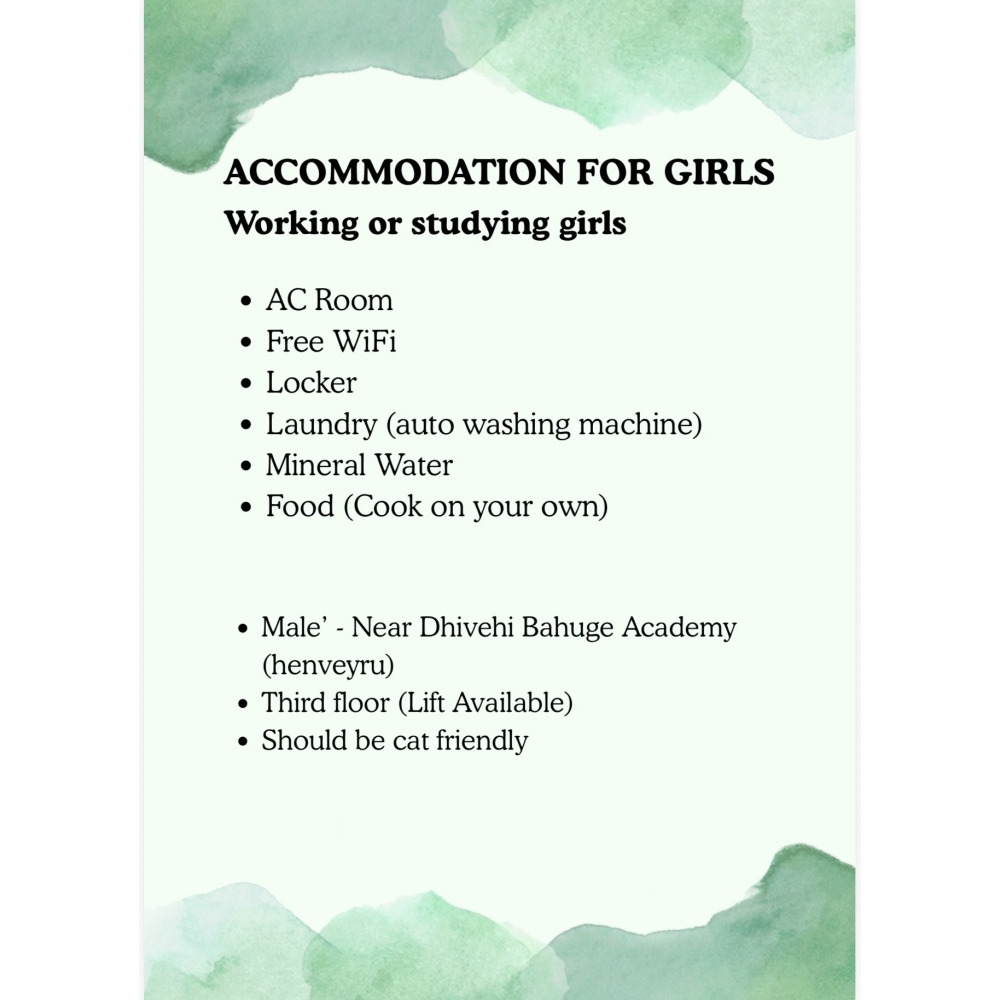 Girls Accommodation AC Rooms Mineral Water and Free WiFi 3500 — Malé — Henveiru