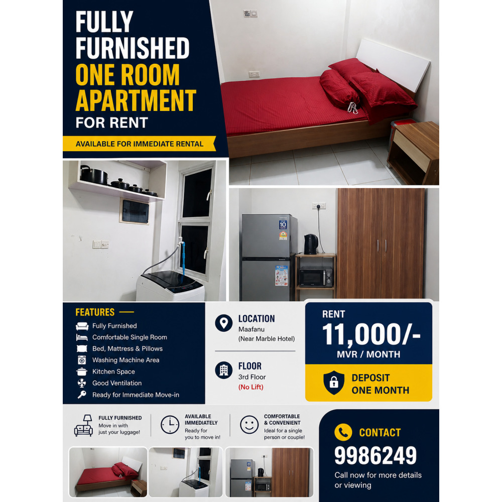 Fully Furnished one room Apartment is Available for Renting — Malé — Maafannu