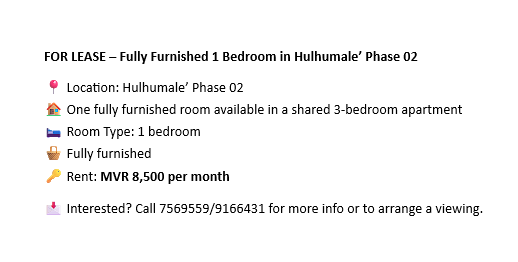 Fully Furnished 1 Bedroom in Hulhumale Phase 02 — Hulhumalé