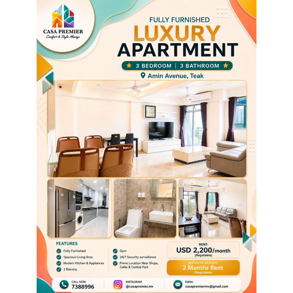 Luxury Fully Furnished 3 Bedroom Apartment for Rent Amin Avenue, Teak — Hulhumalé