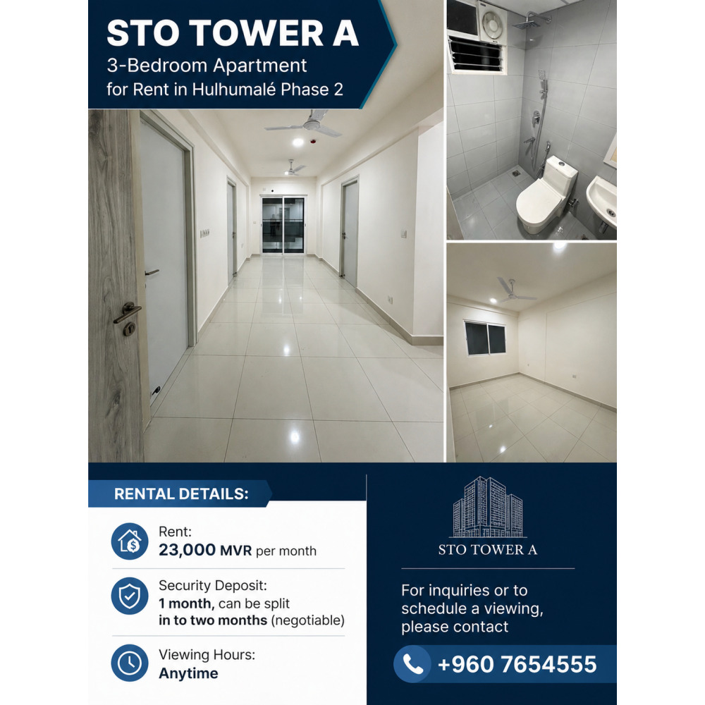 3-Bedroom Apartment for Rent in Hulhumal Phase 2, STO Tower A — Hulhumalé