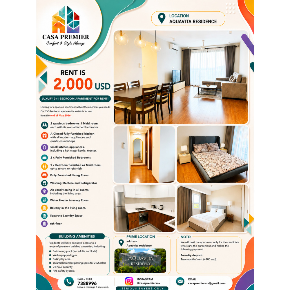 Luxury 2+1 Bedroom Apartment for Rent Aquavita Residence — Hulhumalé