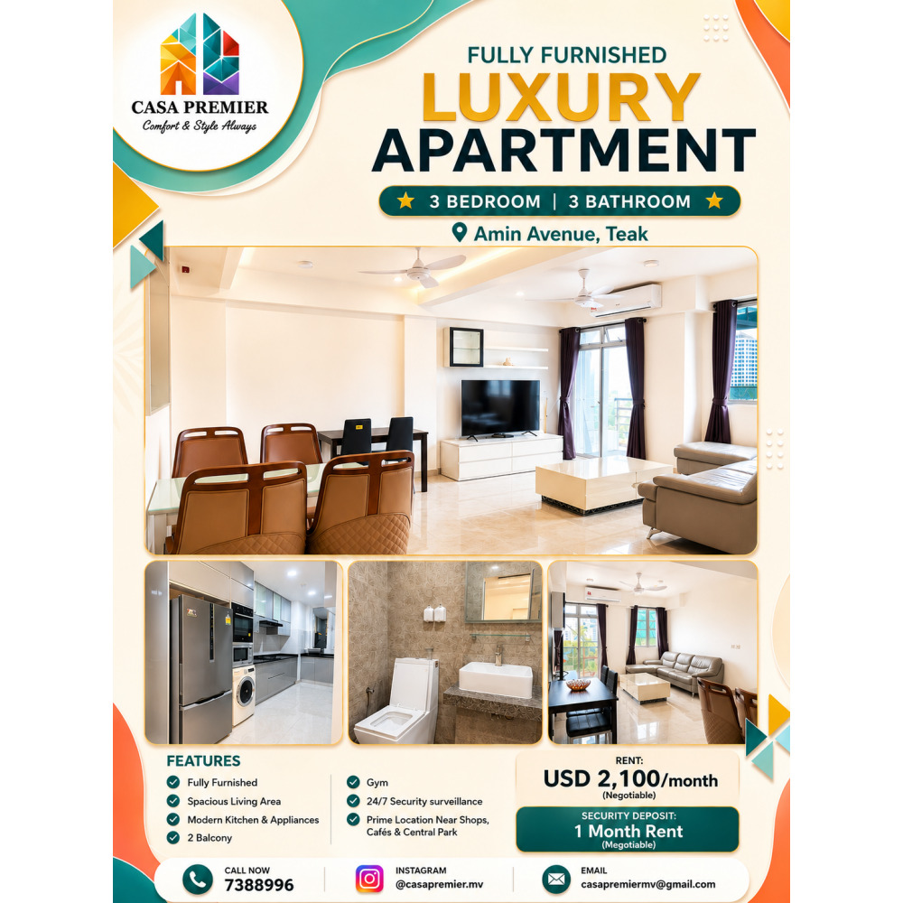 Luxury Fully Furnished 3 Bedroom Apartment for Rent Amin Avenue Teak --> — Hulhumalé