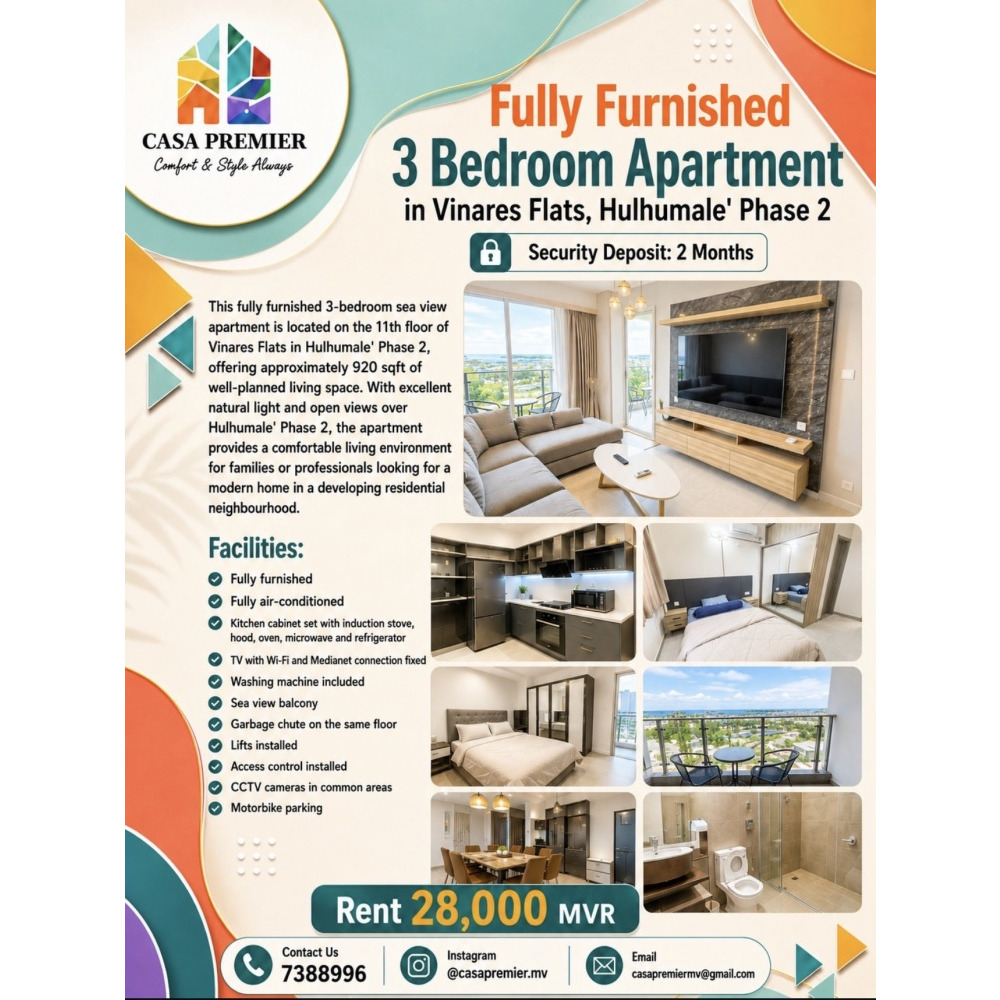 Fully Furnished 3 Bedroom Apartment for Rent (Vinares) — Hulhumalé