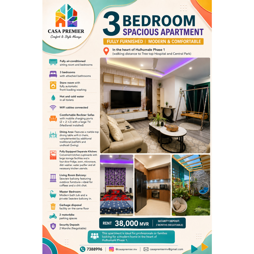 Fully Furnished 3BR Apartment for Rent | Hulhumale Phase 1 | MVR 38,000 — Hulhumalé