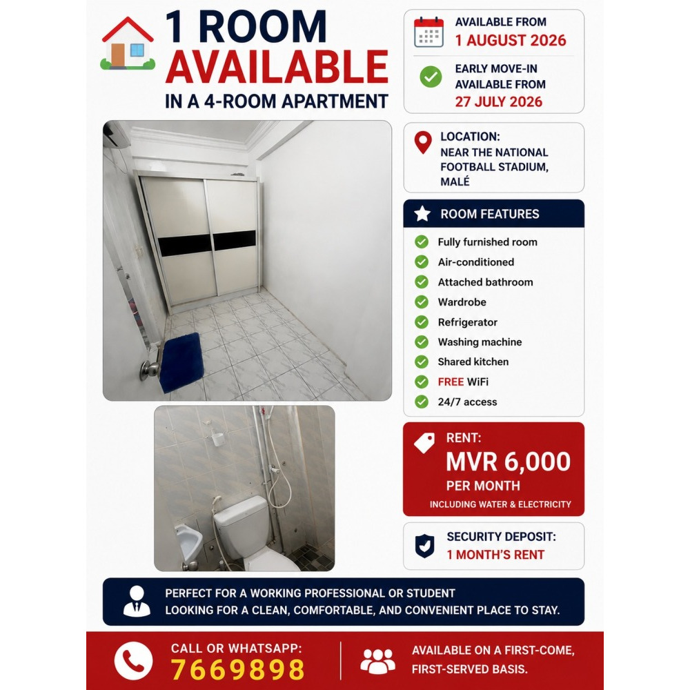 1 Rooms Available in a 4-Room Apartment — Malé — Galolhu