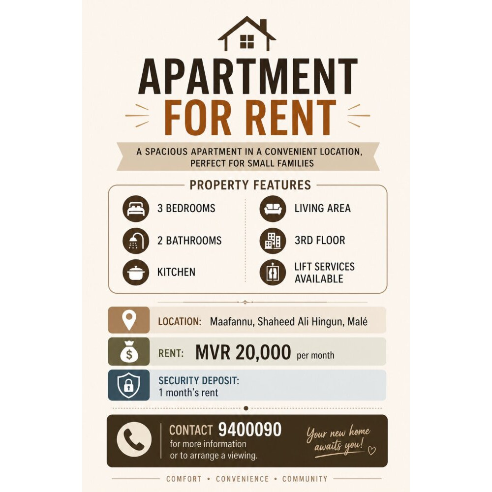 3 ROOMS APARTMENT FOR RENT in Male — Malé — Maafannu