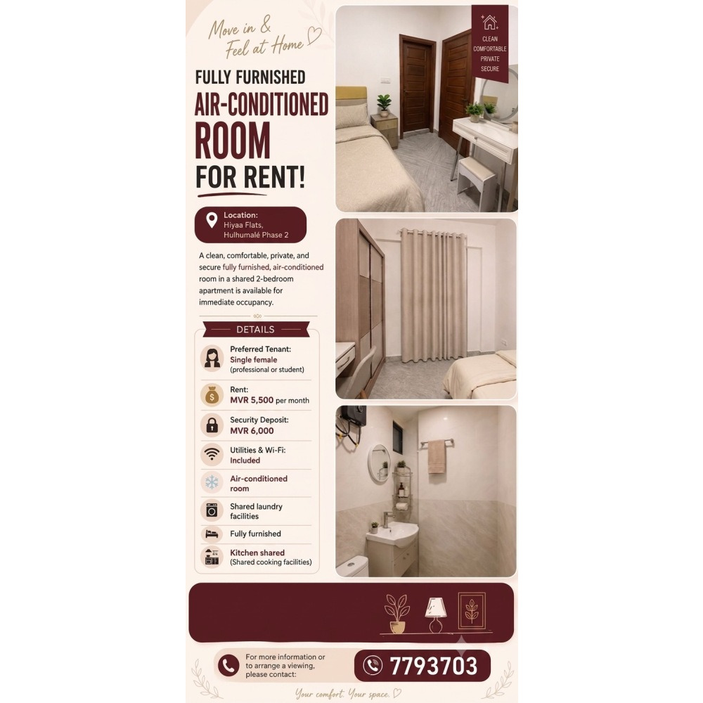 FULLY FURNISHED AIR-CONDITIONED ROOM FOR RENT — Hulhumalé
