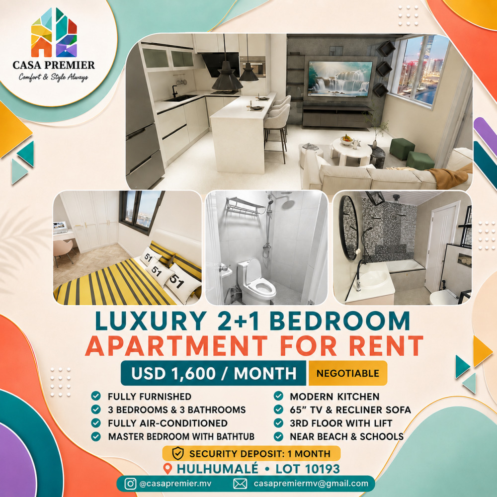 Luxury Furnished 2+1-Bedroom Apartment for Rent in Hulhumale USD 1,600 — Hulhumalé