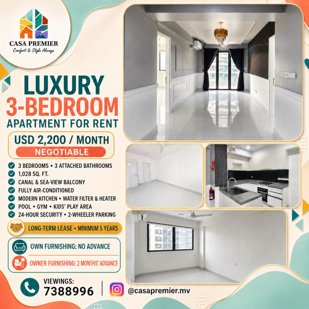 Luxury 3-Bedroom Apartment for Rent in Hulhumale USD 2,200 — Hulhumalé