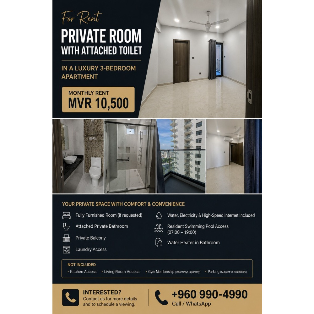1 room from a 3 bedroom apartment for rent — Hulhumalé