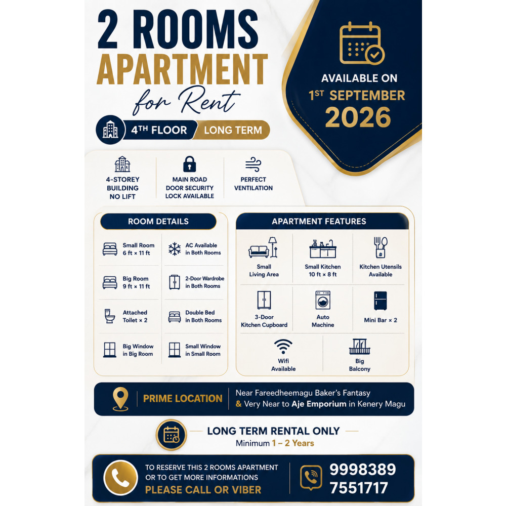 2Rooms Apartment available on Sep1st in 4th Floor!!! — Malé — Maafannu