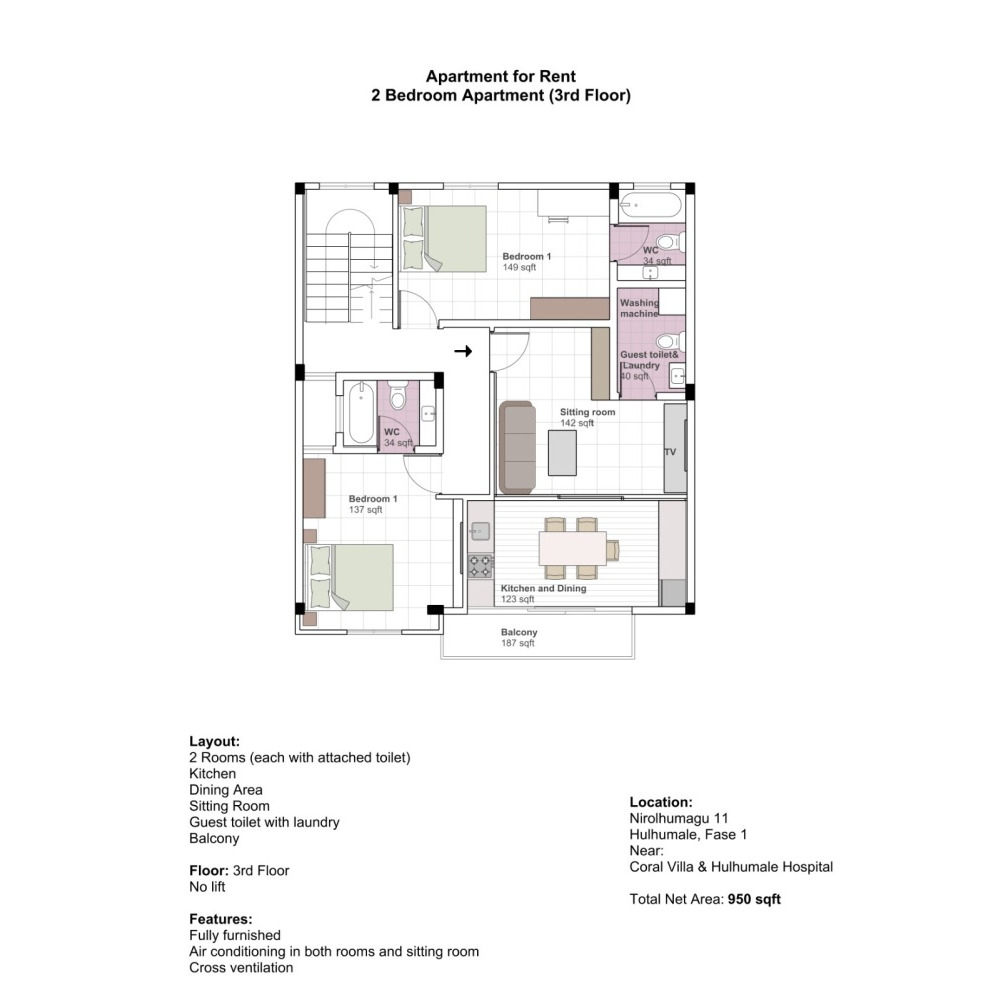 FULLY FURNISHED 2 BEDROOM SEAVIEW APARTMENT - Hulhumale phase 1 — Hulhumalé