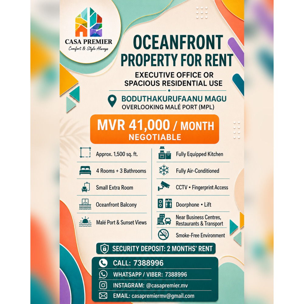 Premium Oceanfront Property for Rent Ideal for Office or Residence — Malé — Maafannu