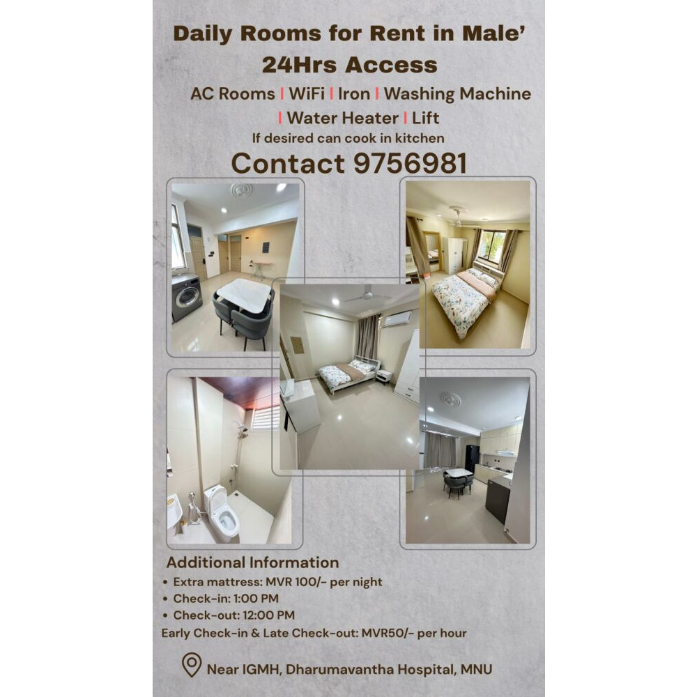 Rooms for daily rent in Male'(near by IGMH hospital) — Maafannu