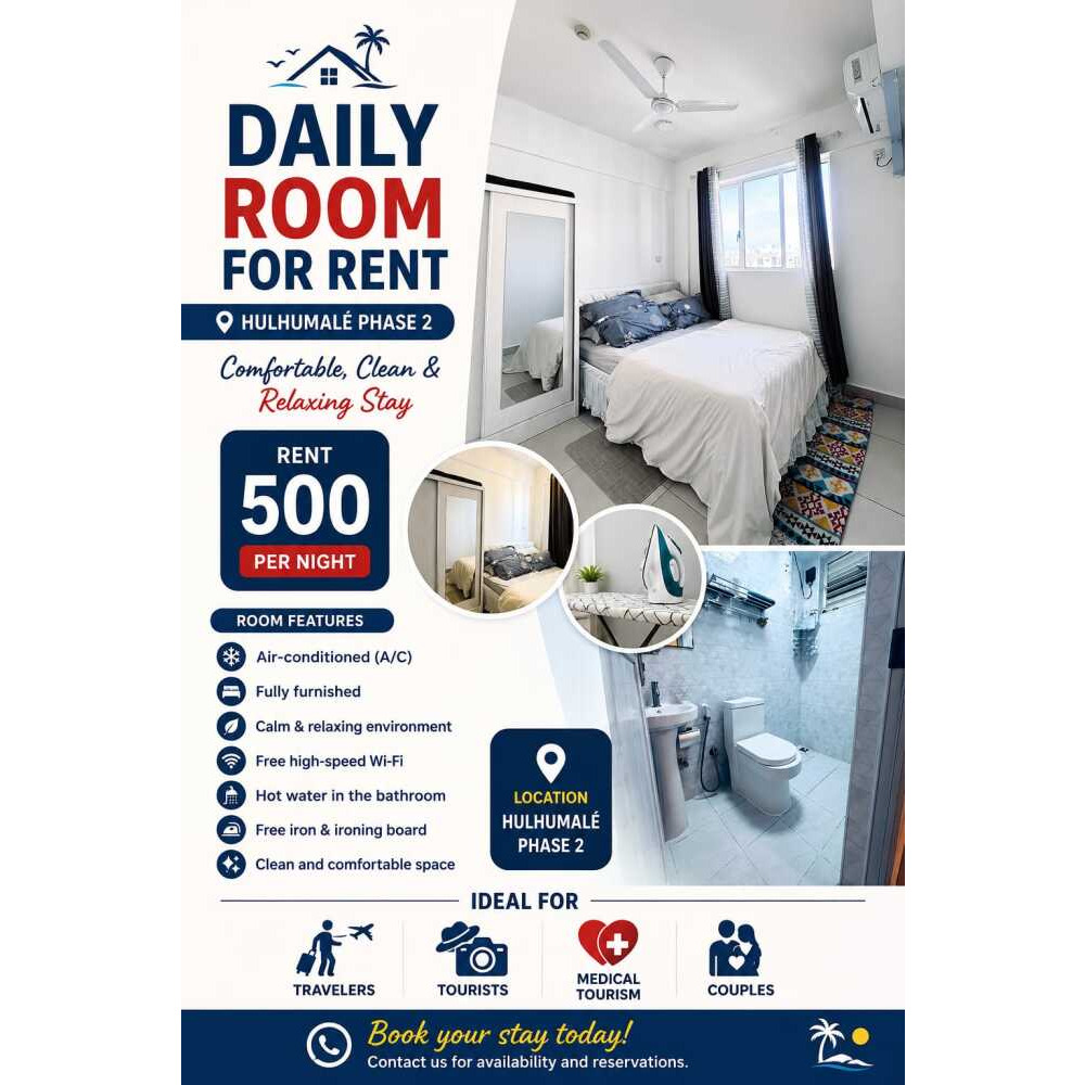 DAILY AC ROOM FOR RENT IN HULHUMALE PHASE 2 — Hulhumalé