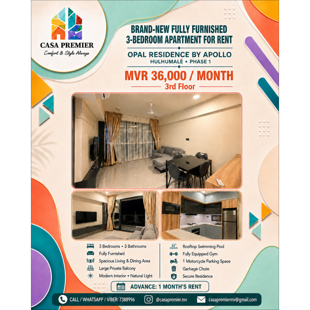 Brand-New Fully Furnished 3-Bedroom Apartment at Opal Residence — Hulhumalé