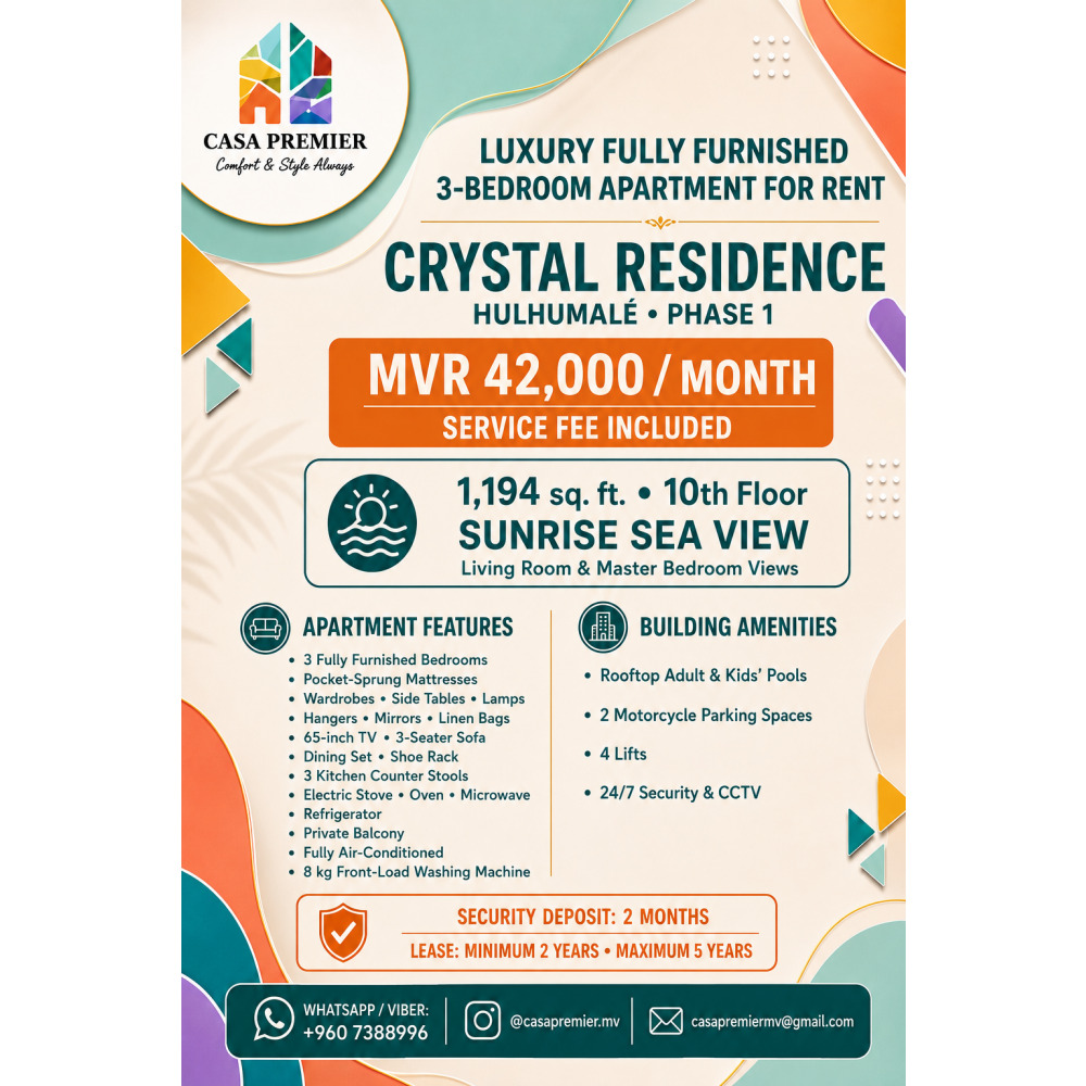 Luxury Fully Furnished 3BR Apartment for Rent Crystal Residence, Hulhumal — Hulhumalé