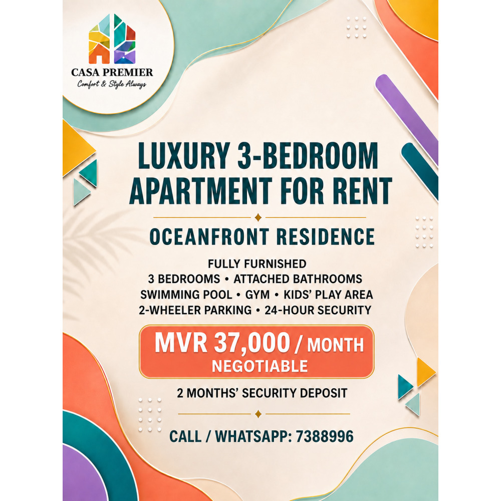 Luxury Fully Furnished 3-Bedroom Apartment for Rent Oceanfront Residence — Hulhumalé