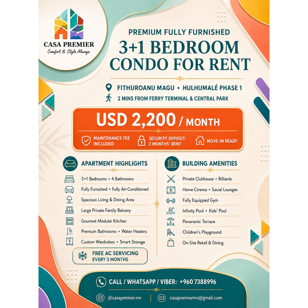 Premium Fully Furnished 3+1BR Condo for Rent Hulhumal Phase 1 — Hulhumalé
