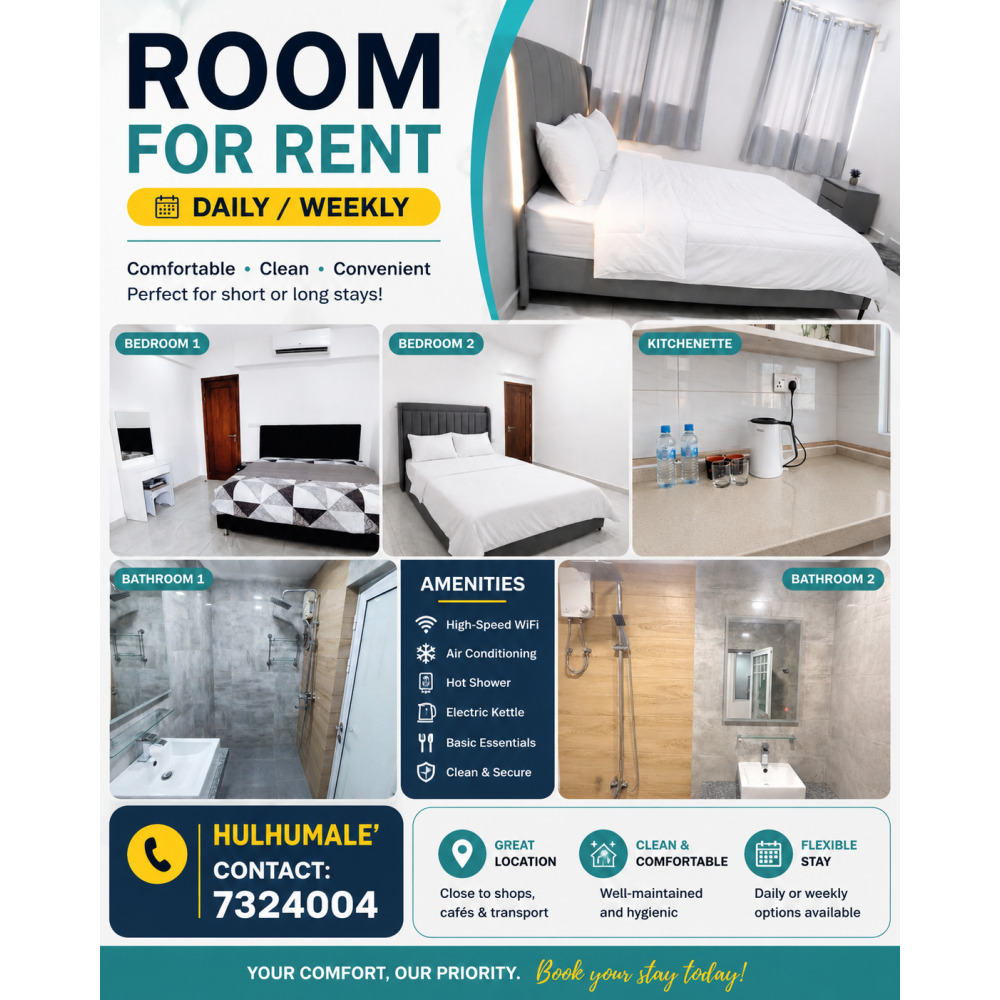 Fully Furnished Rooms for Daily and weekly rent in Hulhumale' — Hulhumalé