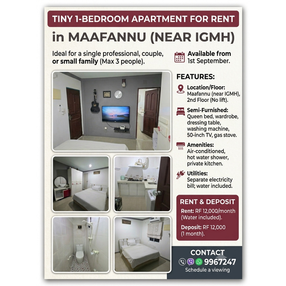 1 Bedroom Apartment for Rent in Maafannu (Near IGMH) — Malé — Maafannu