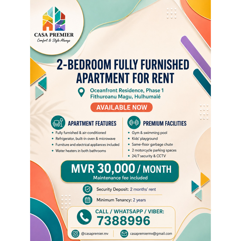 Fully Furnished 2-Bedroom Apartment at Oceanfront Residence MVR 30,000 — Hulhumalé