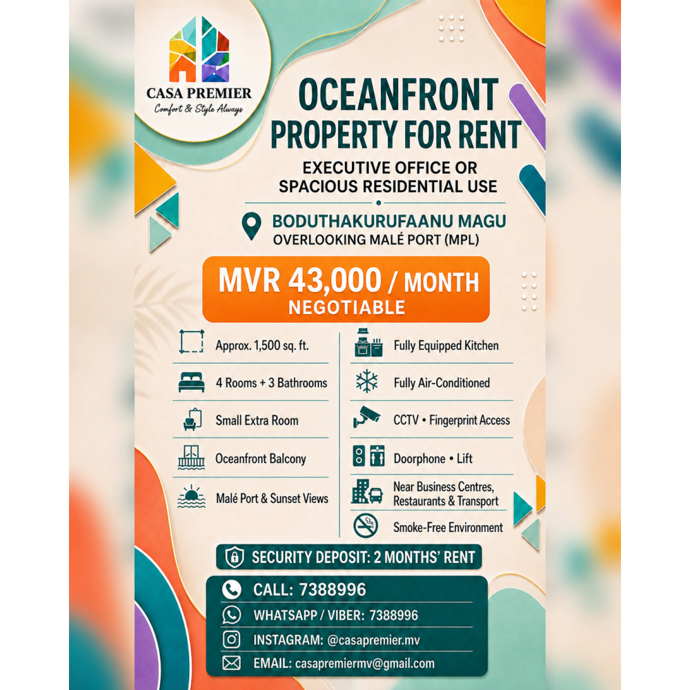 Premium Oceanfront Property for Rent Ideal for Office or Residence — Hulhumalé