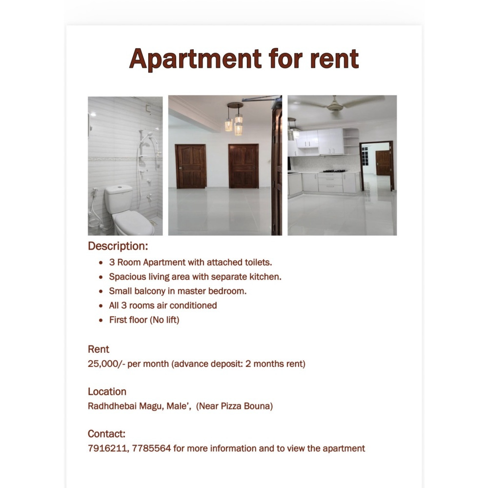 3 Bedroom apartment for rent in Male', Mahchangoalhi — Malé — Machchangolhi