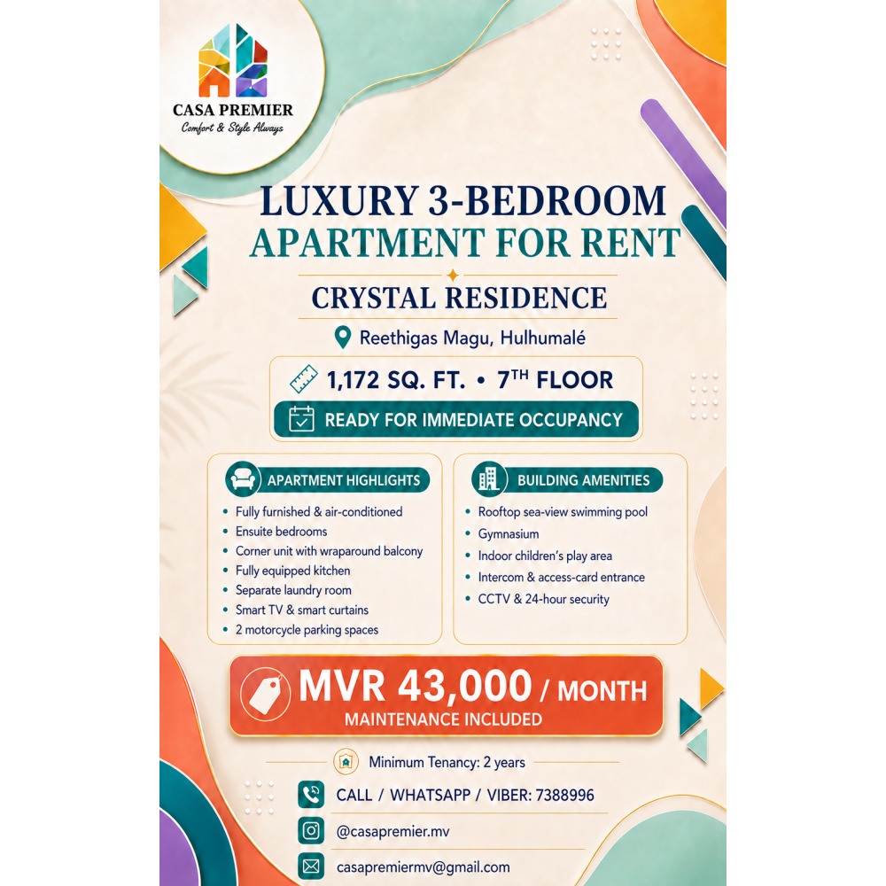 Luxury Fully Furnished 3BR Apartment at Crystal Residence MVR 43,000 — Hulhumalé