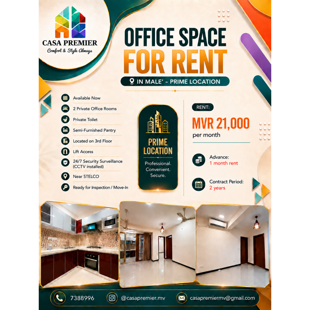 Office Space for Rent Near STELCO, Mal MVR 21,000 — Malé — Henveiru