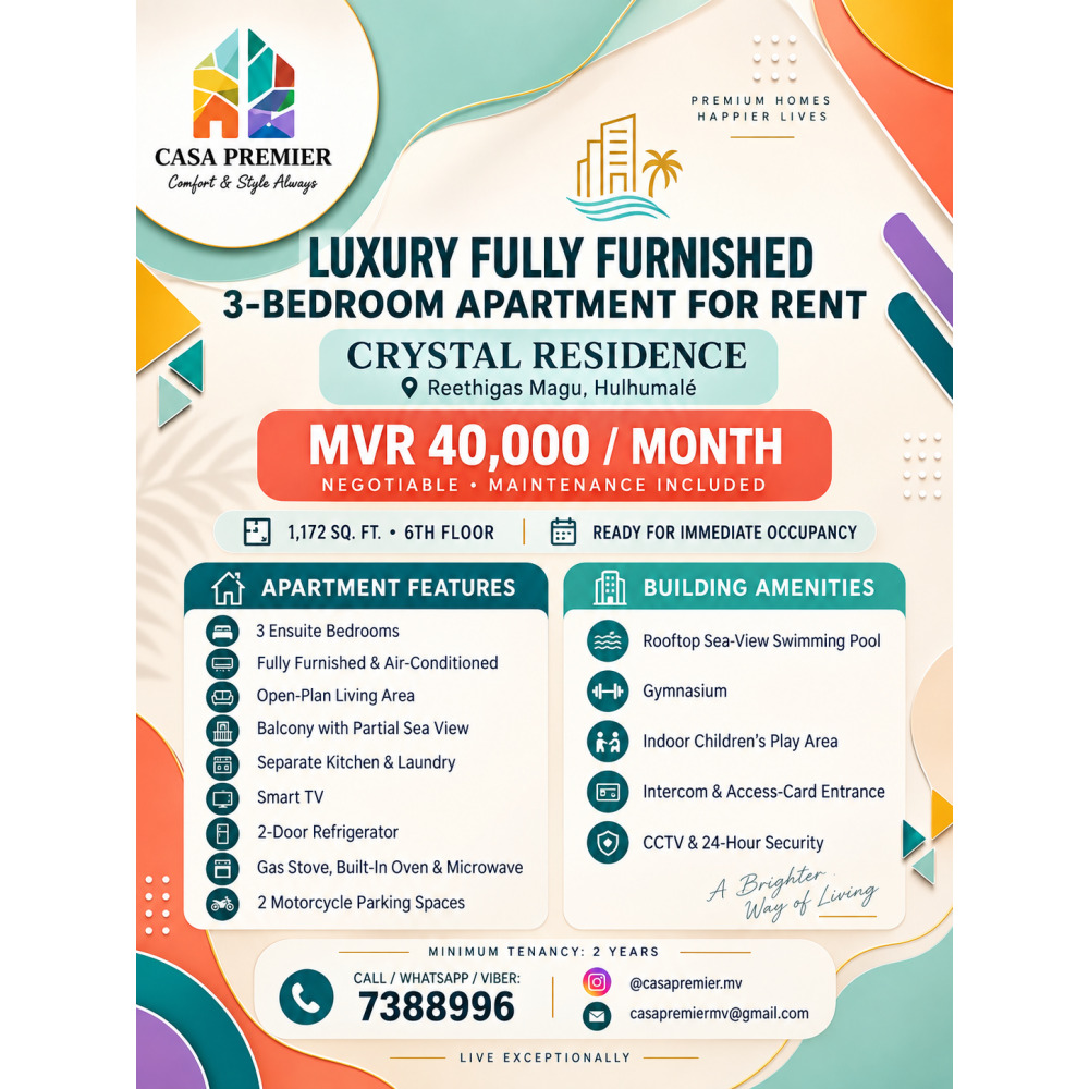 LUXURY FULLY FURNISHED 3-BEDROOM APARTMENT FOR RENT Crystal Residence — Hulhumalé