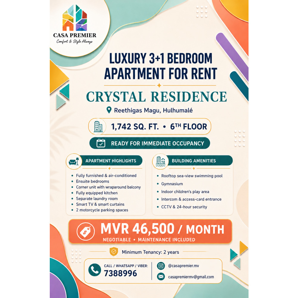 Luxury Fully Furnished 3+1BR Apartment at Crystal Residence 1,742 Sq. Ft — Hulhumalé