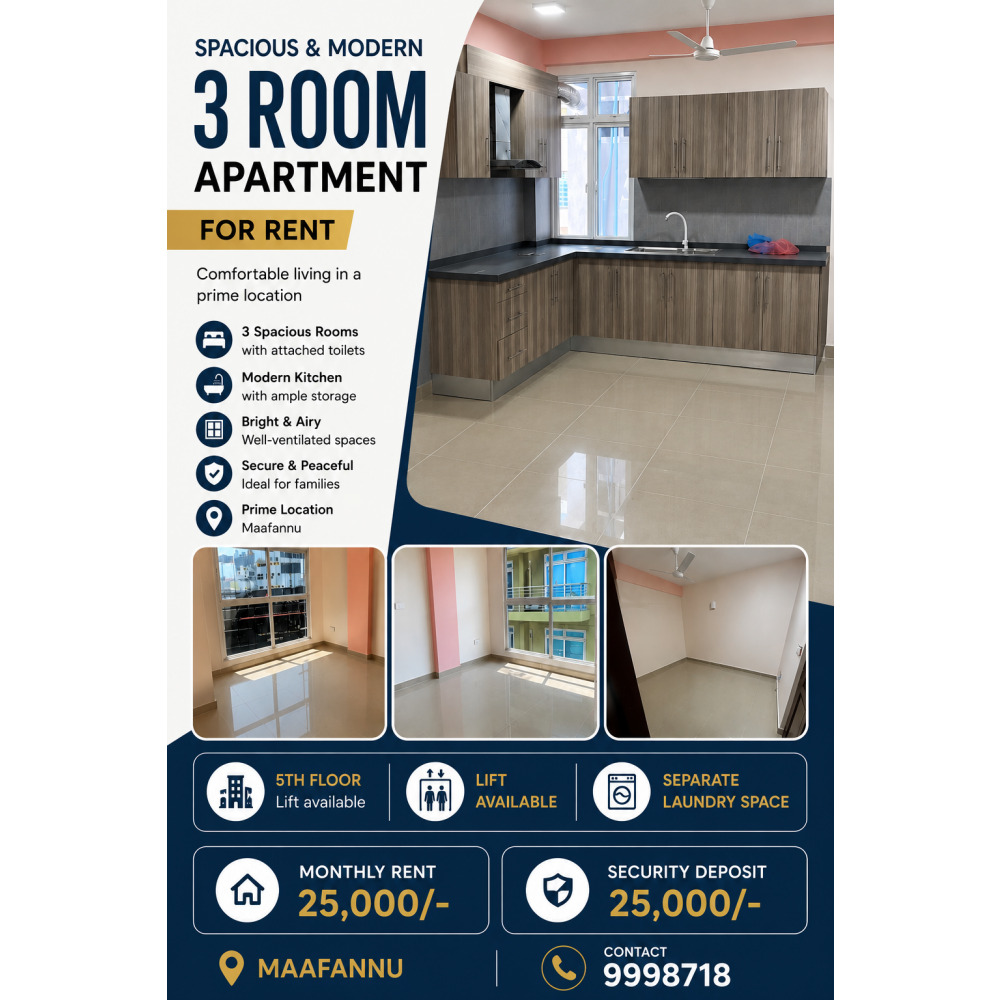 3 Bedroom Apartment for Rent — Malé — Maafannu