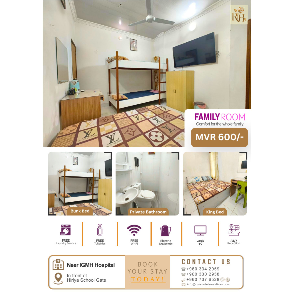 ROSE HOTELS - Daily + Hourly rooms ( / ) — Malé — Maafannu