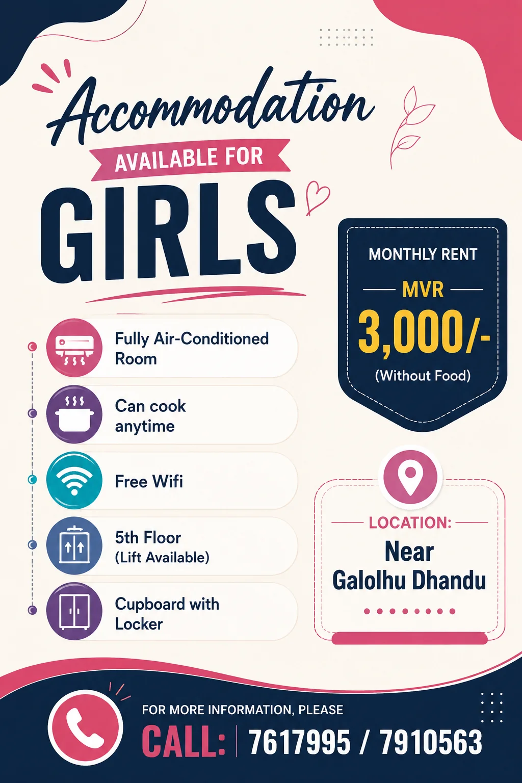 Accommodation for girls 3000/- For more information!! — Malé — Galolhu